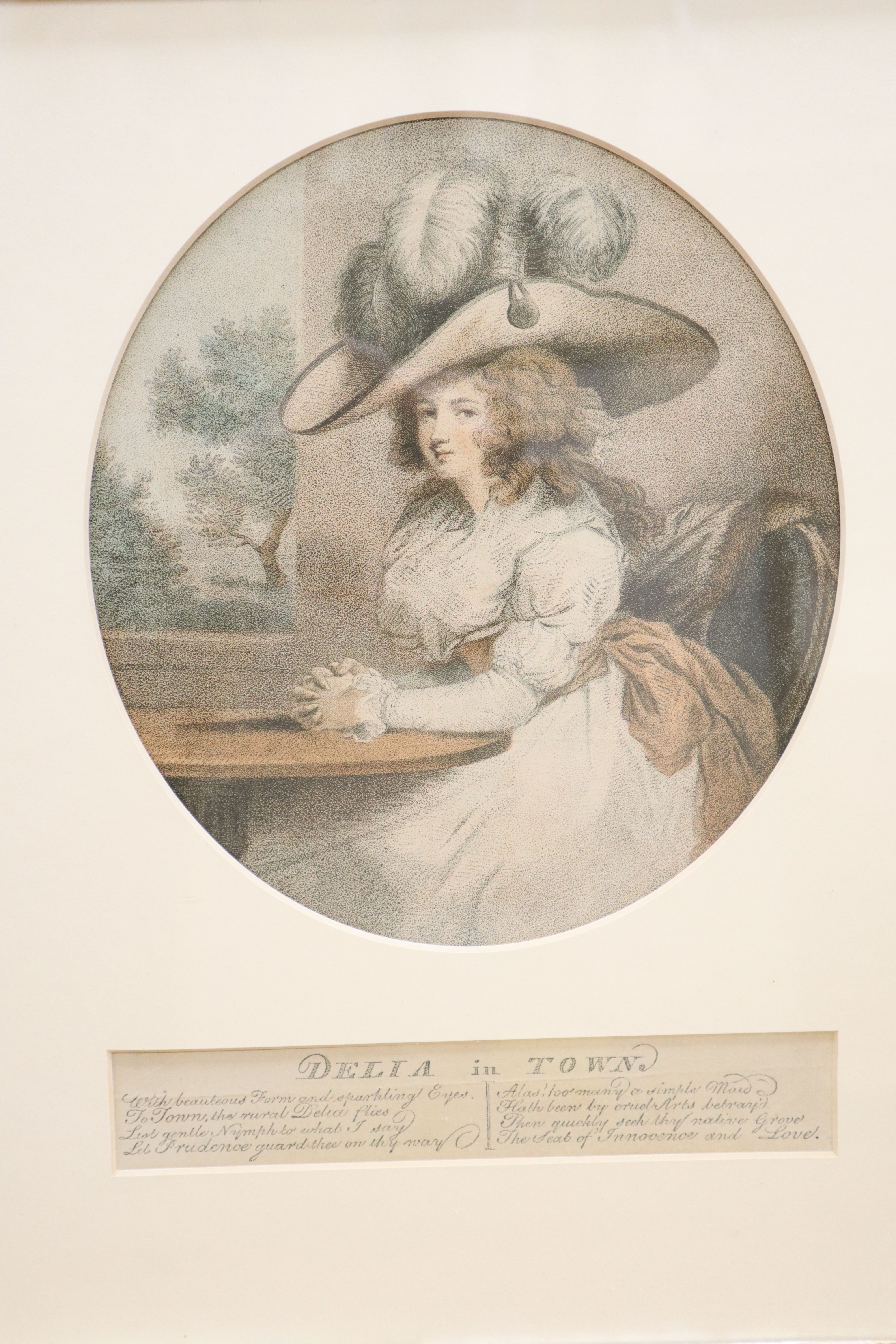 J. R. Smith after George Morland, a pair of late 18th century coloured mezzotints of ladies, Delia in the Country and Delia in the T